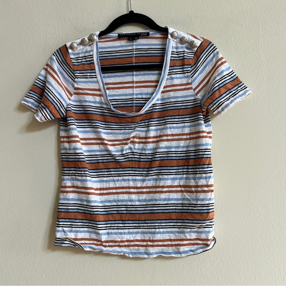 Veronica Beard Benji Pima Cotton Striped Short Sleeve T-Shirt Buttons Size XS - Picture 2 of 3